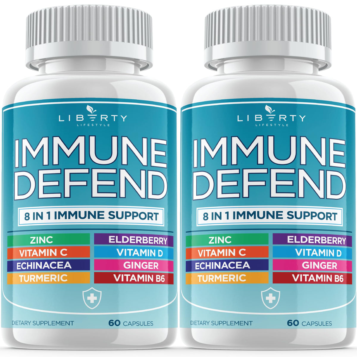 Liberty Lifestyle 8-in-1 immune defense bottle supports daily wellness.