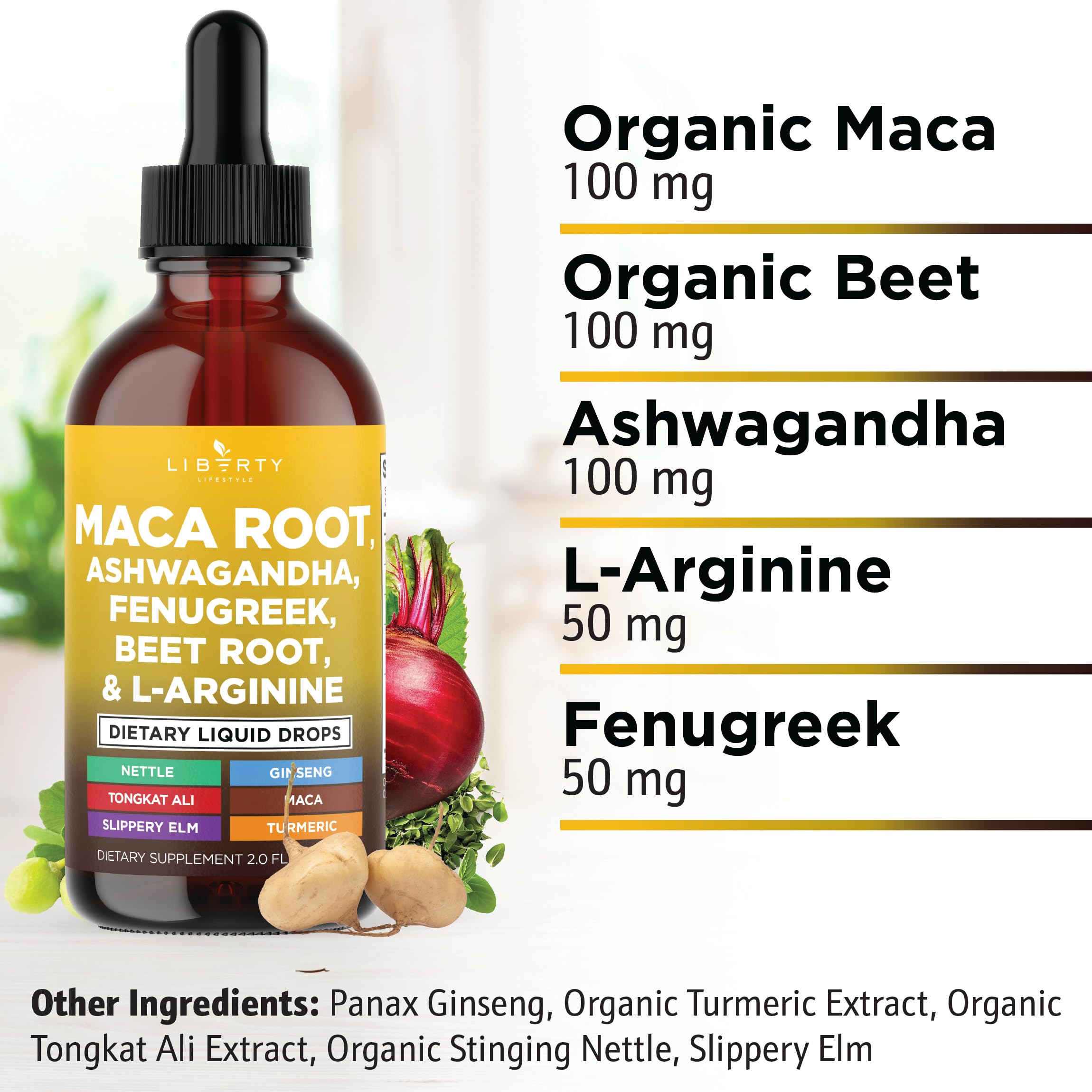 Liberty Lifestyle Maca Root and Ashwagandha blend label close-up showing quality.