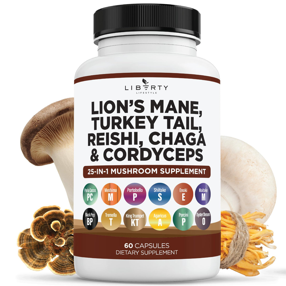 Liberty Lifestyle Lions Mane bottle on desk, convenient daily supplement for focus and energy.