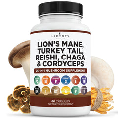 Liberty Lifestyle Lions Mane bottle on desk, convenient daily supplement for focus and energy.