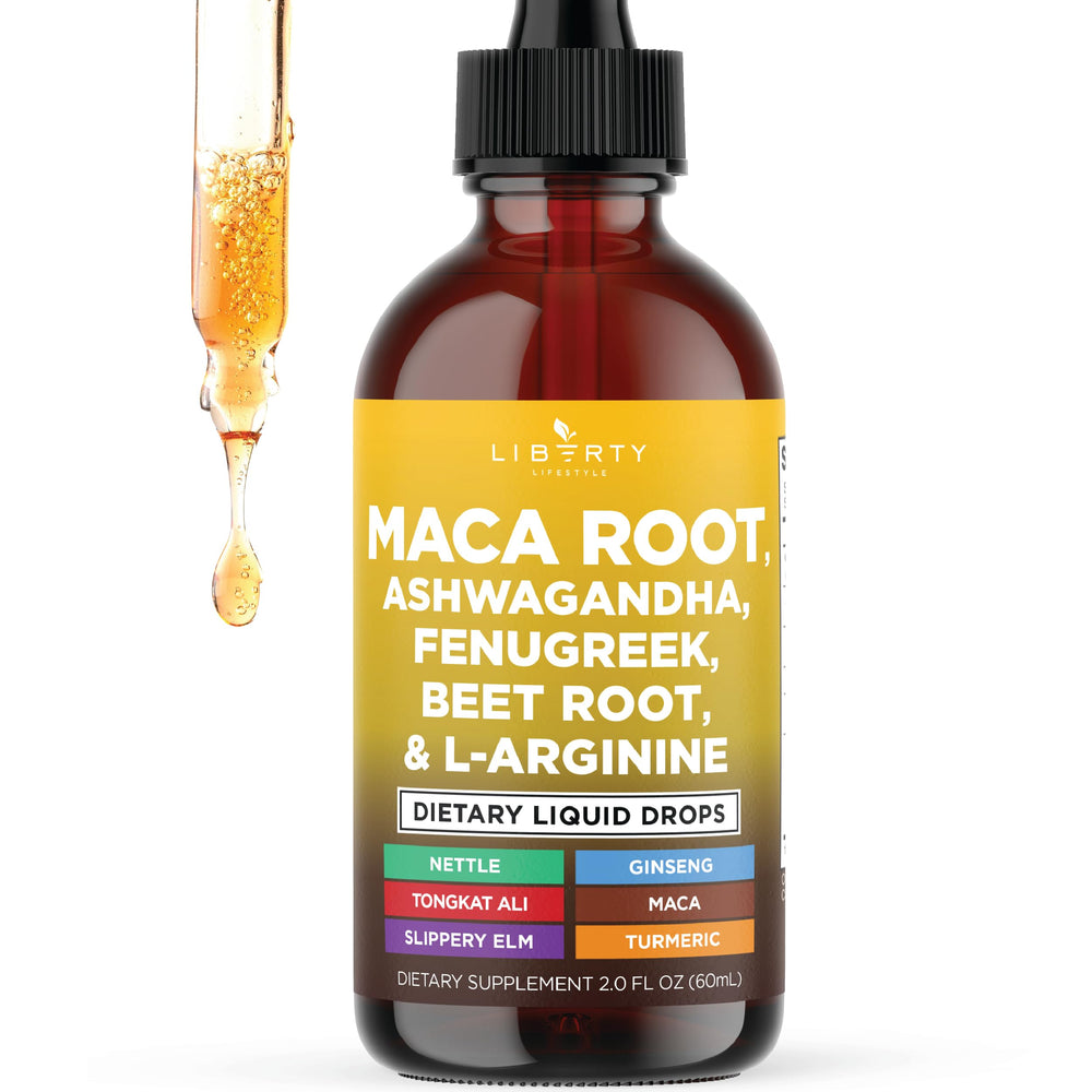 Liberty Lifestyle Maca Root Liquid Drops bottle highlighting daily vitality.
