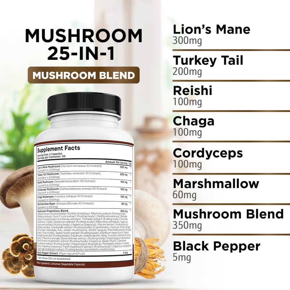 Liberty Lifestyle Reishi-Cordyceps-Chaga bottle highlights daily wellness routine