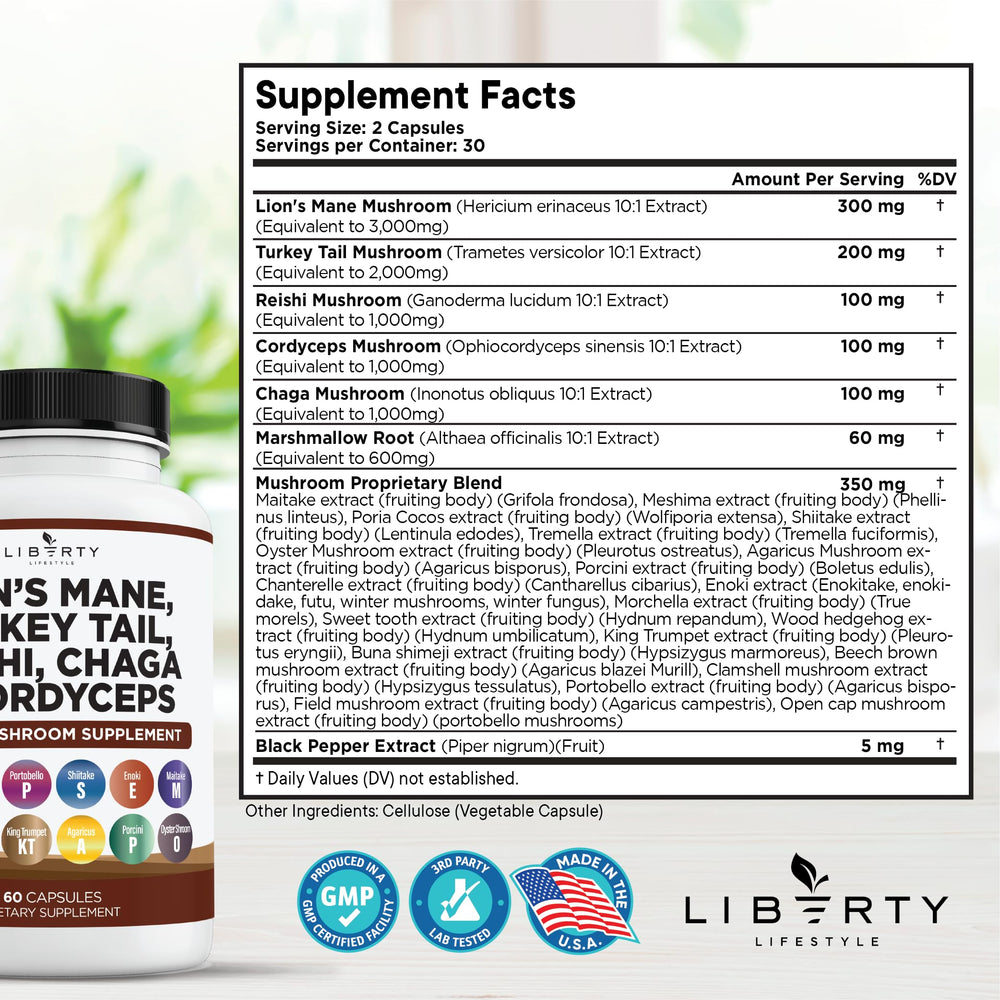 Liberty Lifestyle turkey tail blend bottle highlights mushroom synergy for balanced energy
