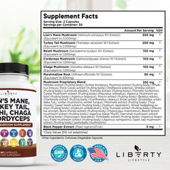 Liberty Lifestyle turkey tail blend bottle highlights mushroom synergy for balanced energy