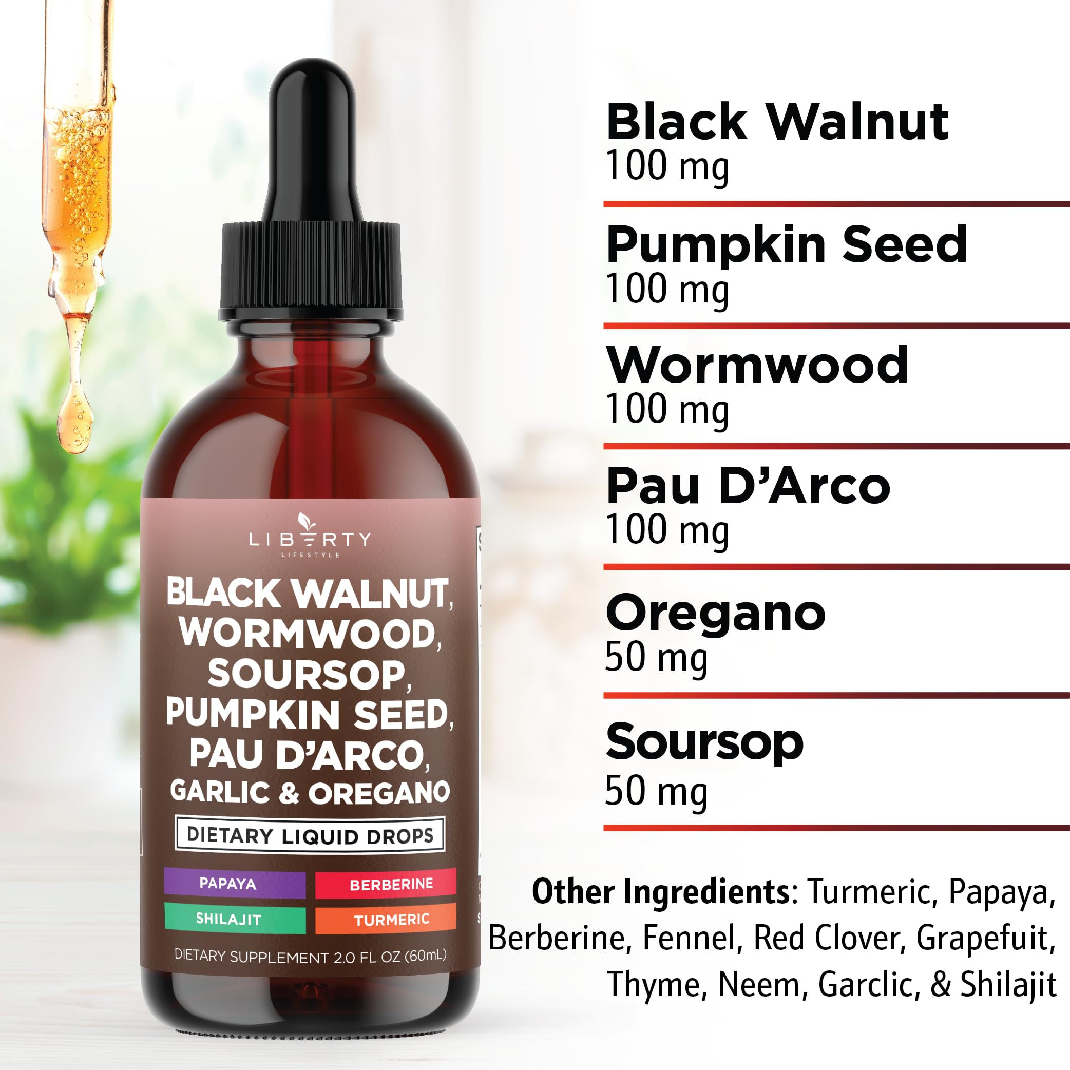 Liberty Lifestyle Defend label detail highlights wormwood and black walnut.
