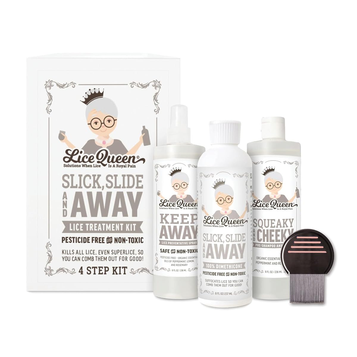 Lice Queen Slick Slide Away bottle applying a quick dimethicone coating for fast protection.