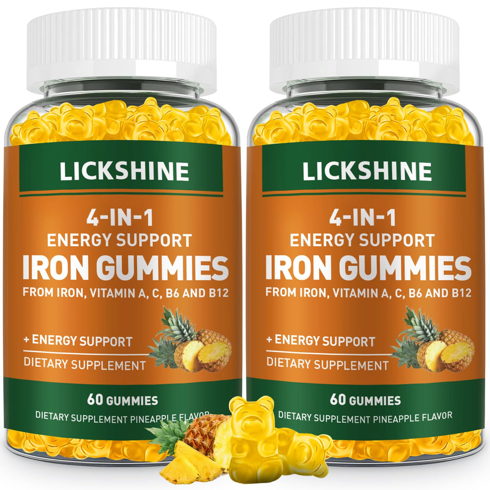Lickshine iron gummies pineapple bottle close-up for daily energy support