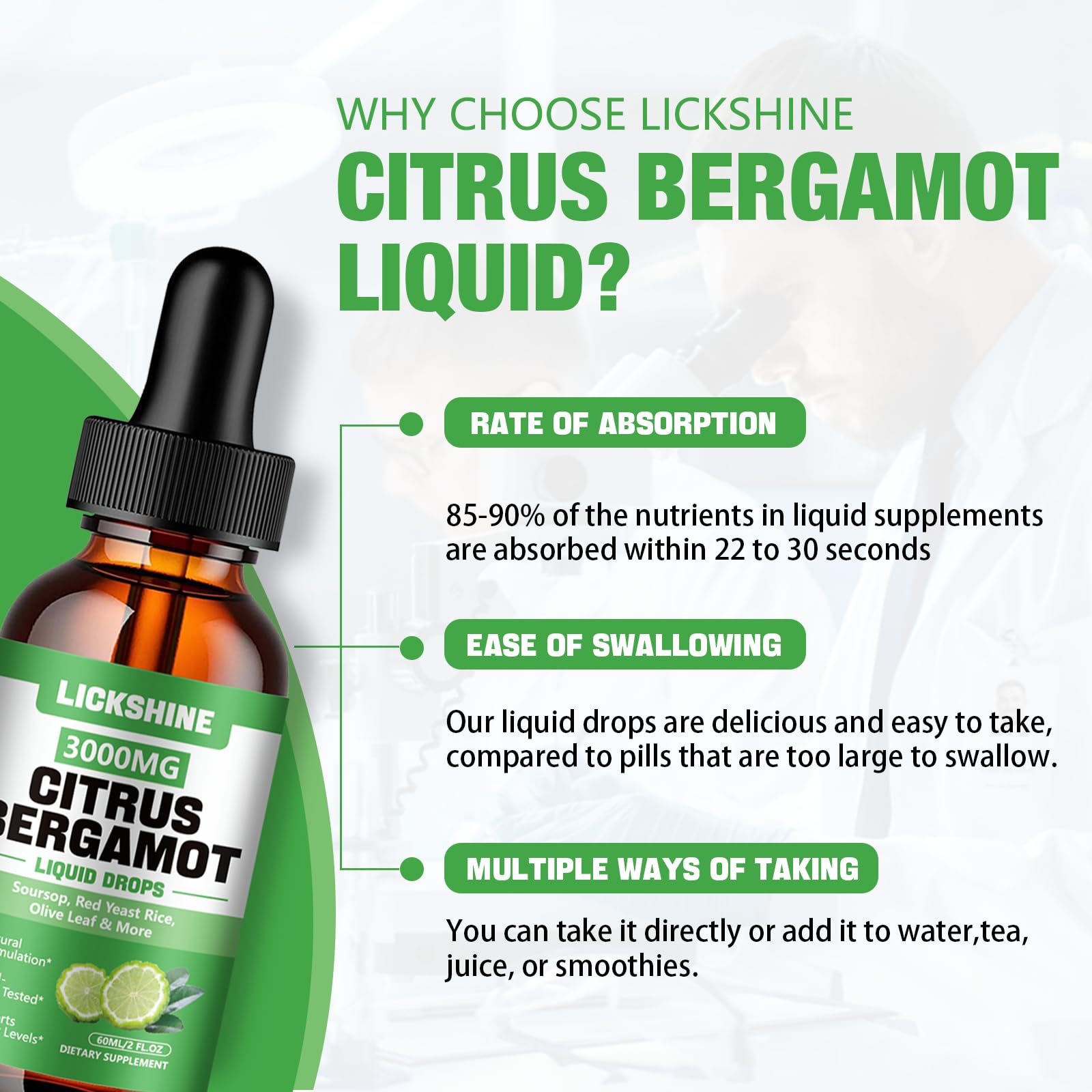 lickshine liquid drops beside a glass of water, demonstrating versatile use