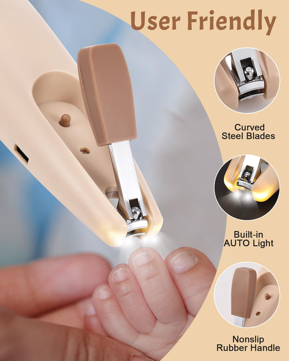 Lictin rechargeable nail trimmer shown with USB-C charging setup.