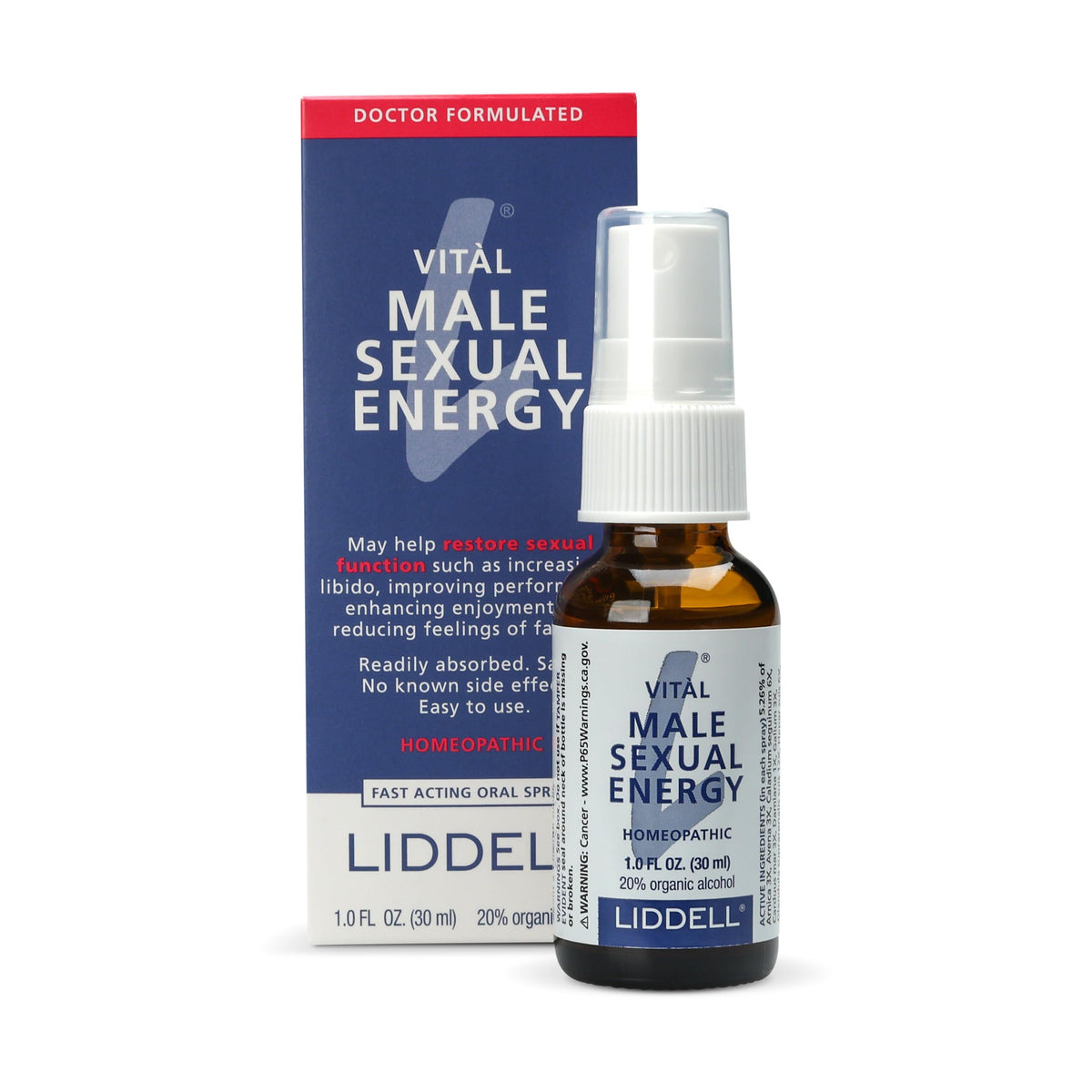 Liddell Vital Male Energy bottle close-up shows a natural formula for daily use.