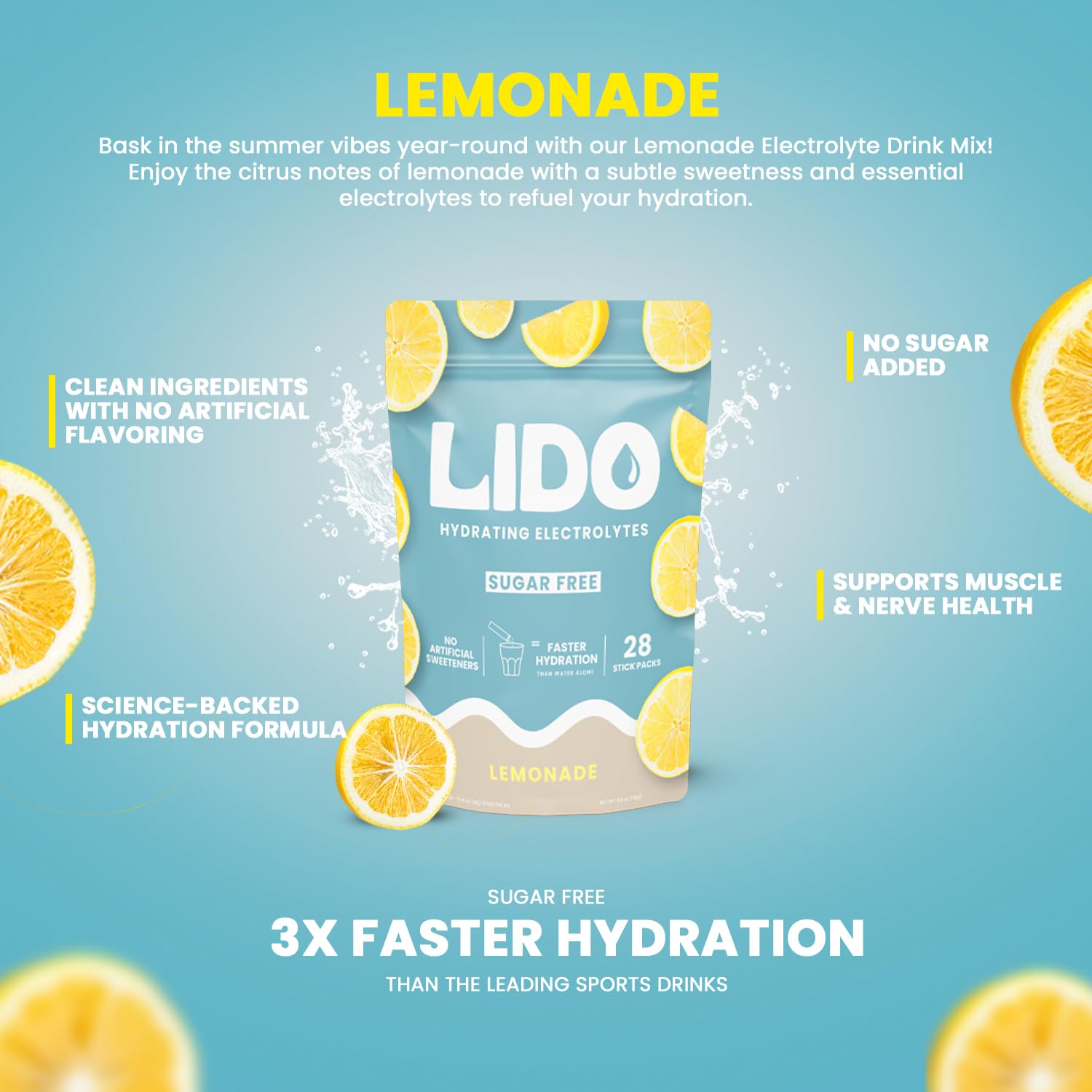 LIDO Lemonade packet poured into water for refreshing hydration without sugar