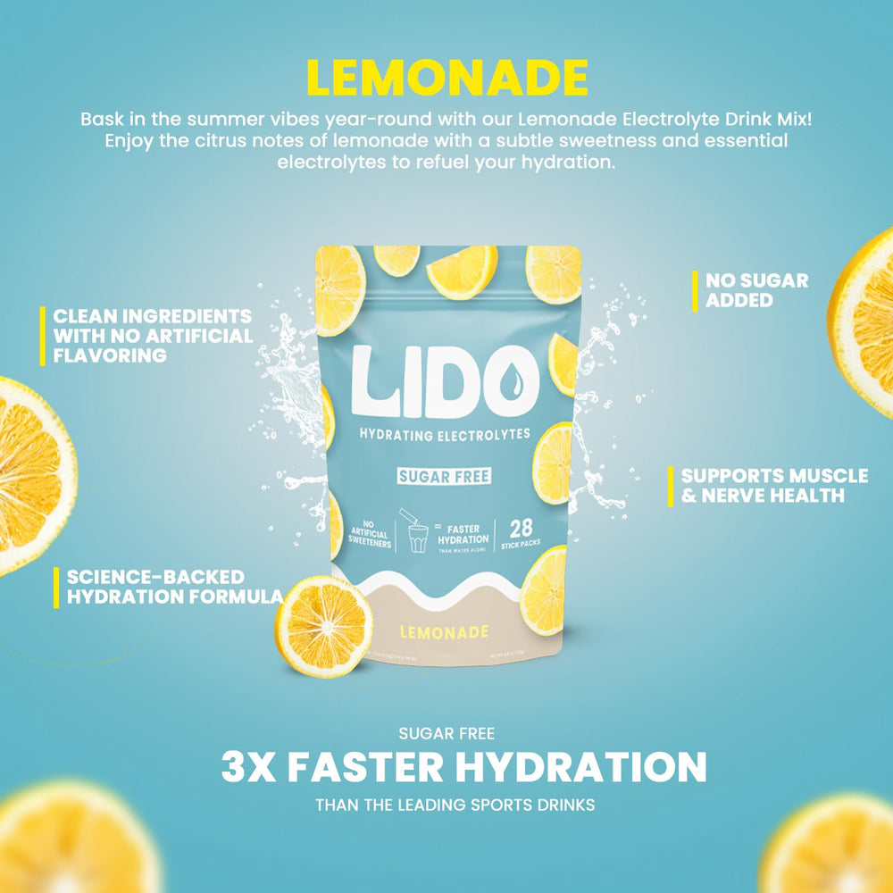 LIDO Lemonade packet poured into water for refreshing hydration without sugar