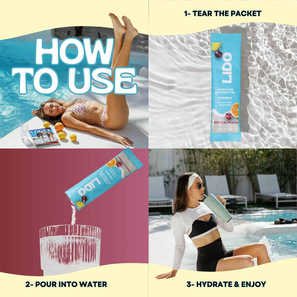LIDO Tropical Punch bottle with prepared drink and balanced sodium.