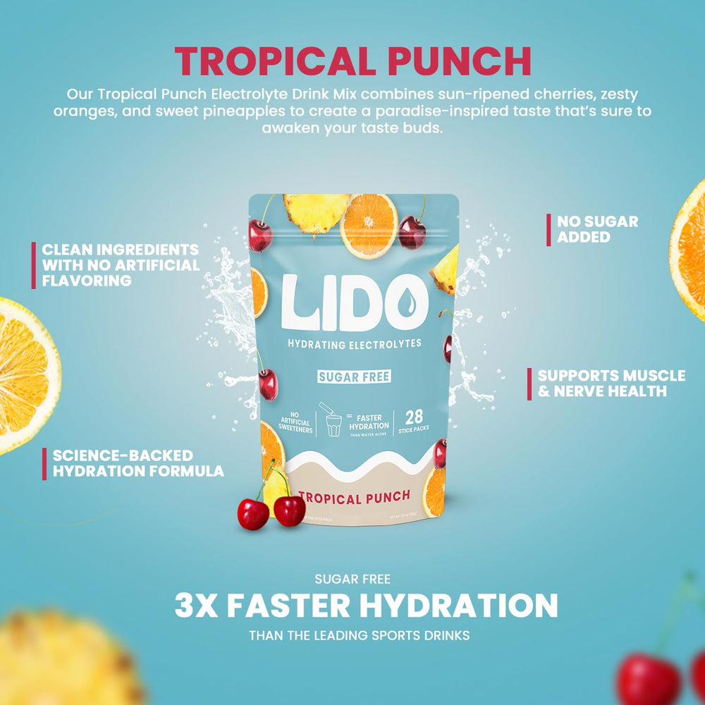 LIDO Tropical Punch packet dissolving in glass for fast electrolyte replenishment.