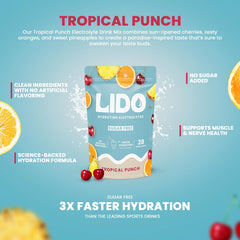 LIDO Tropical Punch packet dissolving in glass for fast electrolyte replenishment.