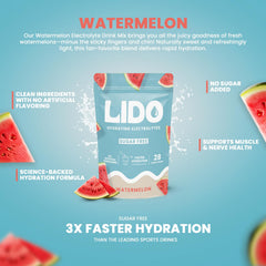 LIDO Watermelon electrolyte powder being poured into glass for quick hydration