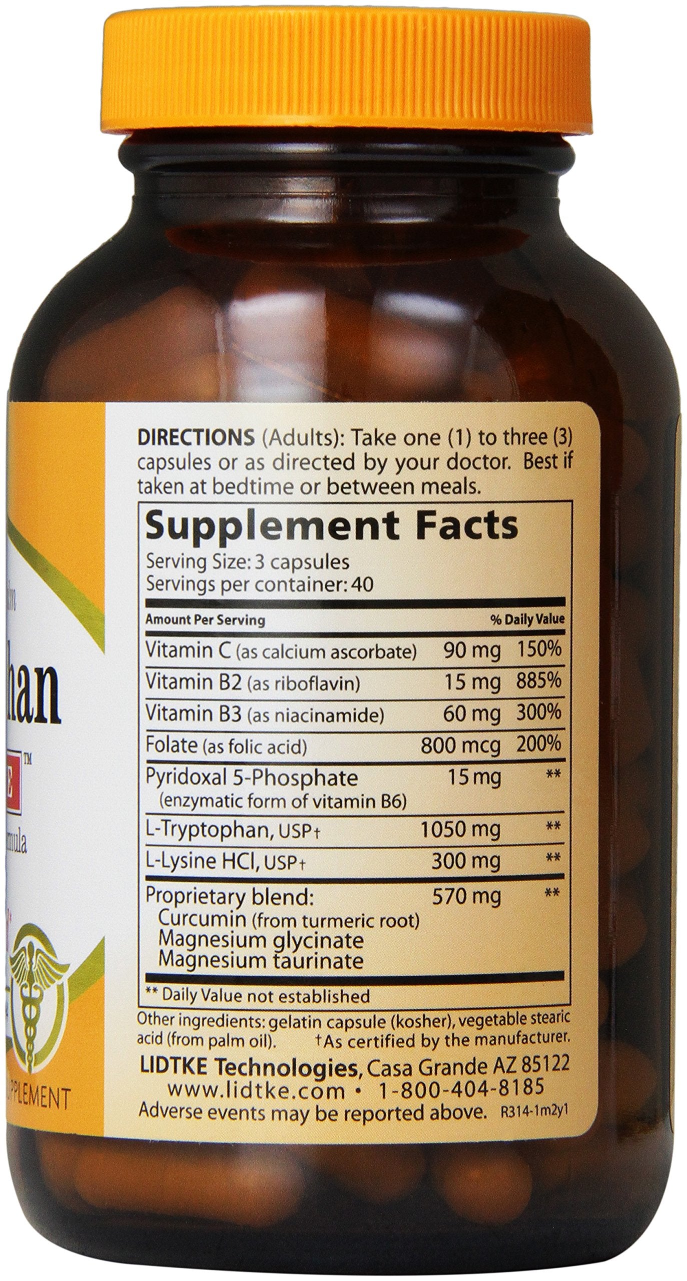 Lidtke L-Tryptophan Complete bottle back label with supplement details and dosage info