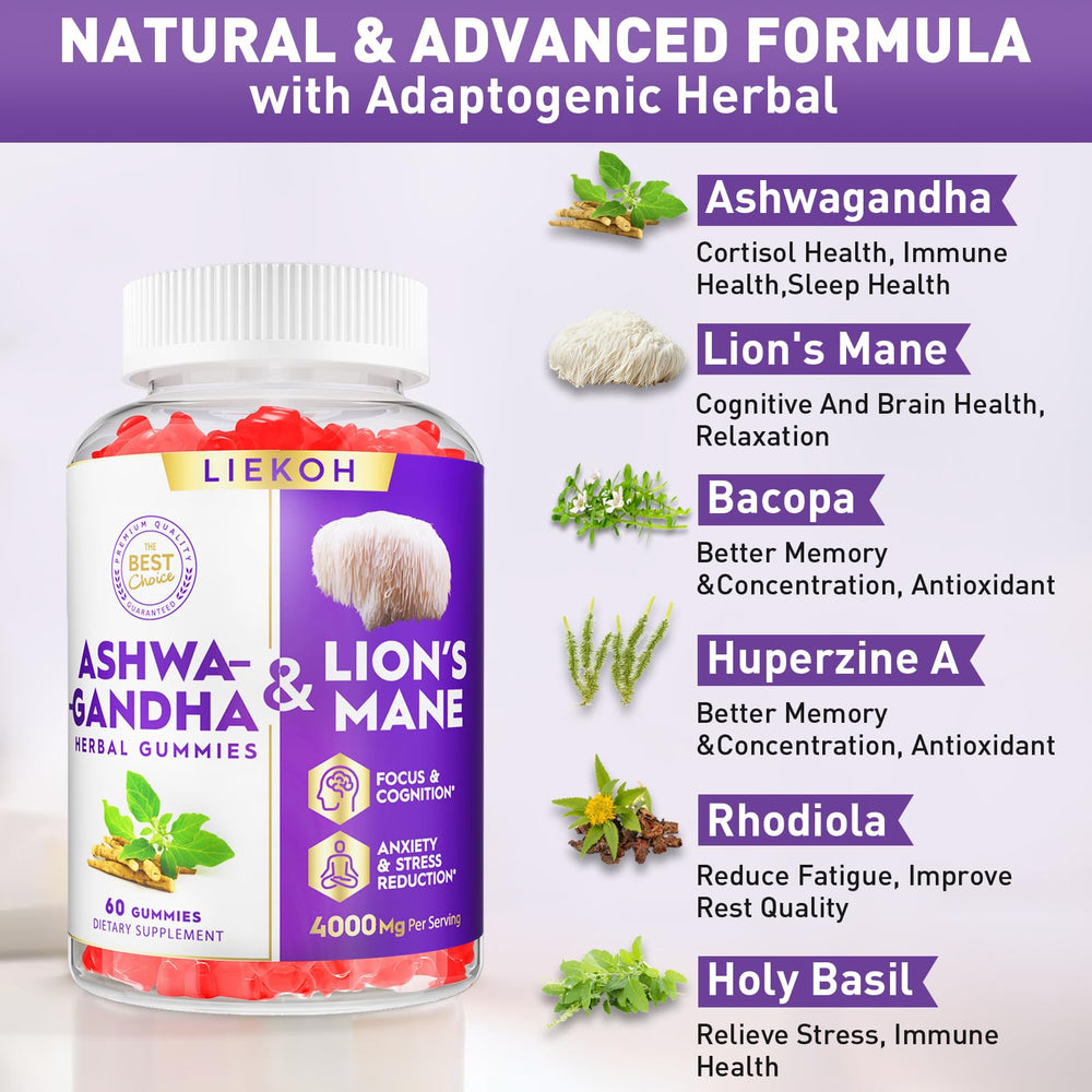 Liekoh Ashwagandha Gummies adaptogens blend label communicates 4-herb formula.