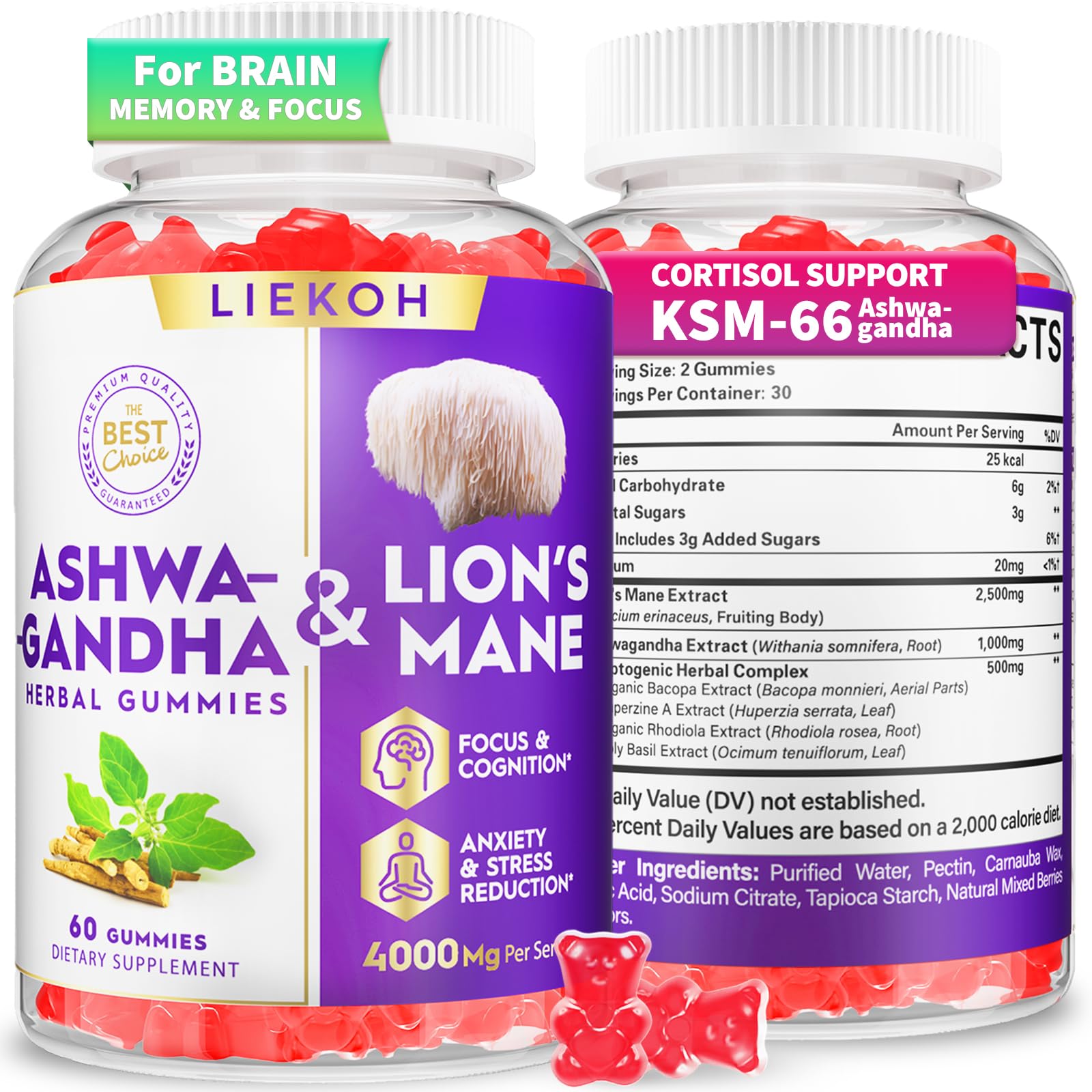 Liekoh Ashwagandha Gummies bottle close-up for daily stress support and mental clarity.