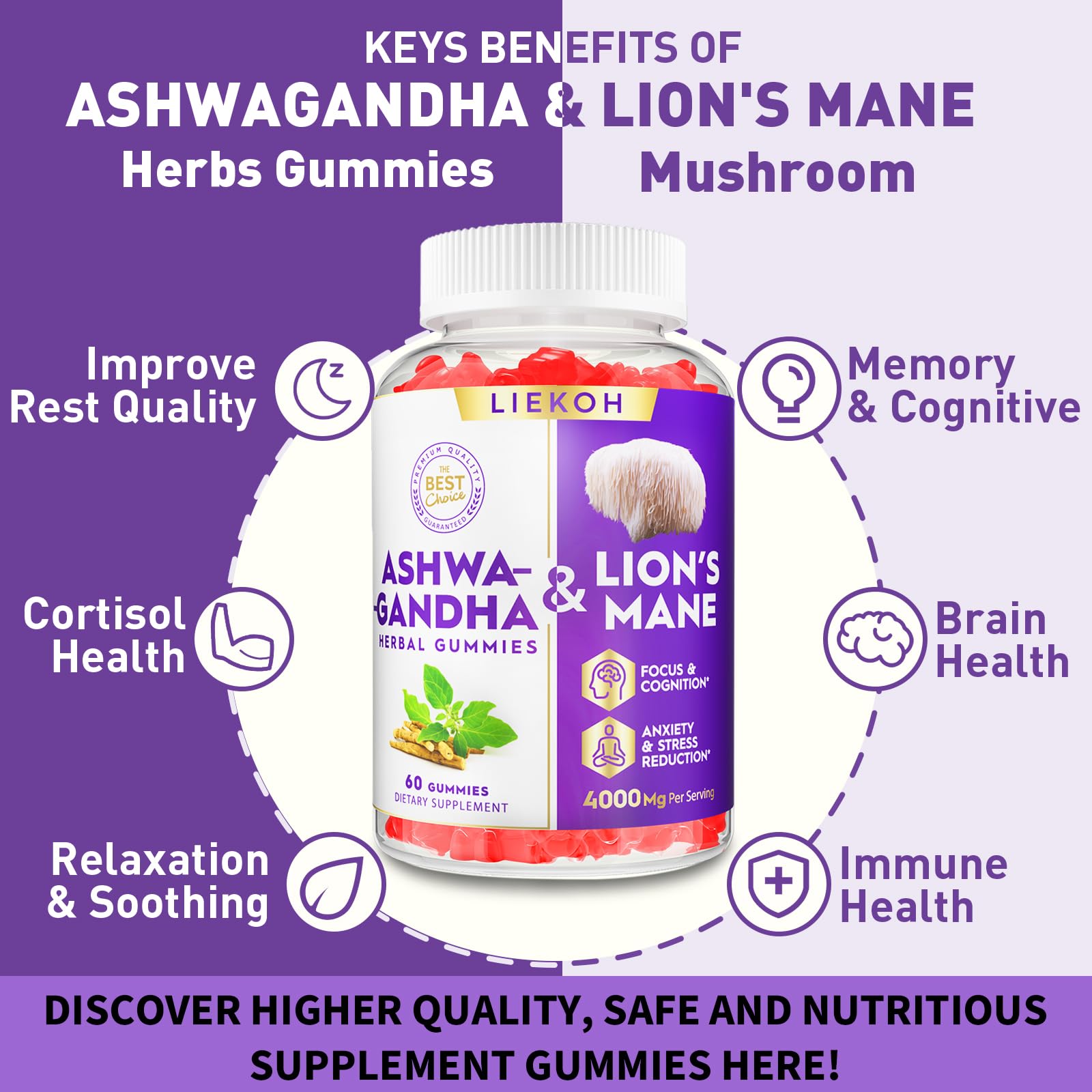 Liekoh Ashwagandha Gummies lion's mane mushroom graphic suggests cognitive enhancement.