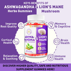 Liekoh Ashwagandha Gummies lion's mane mushroom graphic suggests cognitive enhancement.