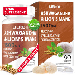 Liekoh Ashwagandha & Lions Mane capsules in bottle for daily focus support