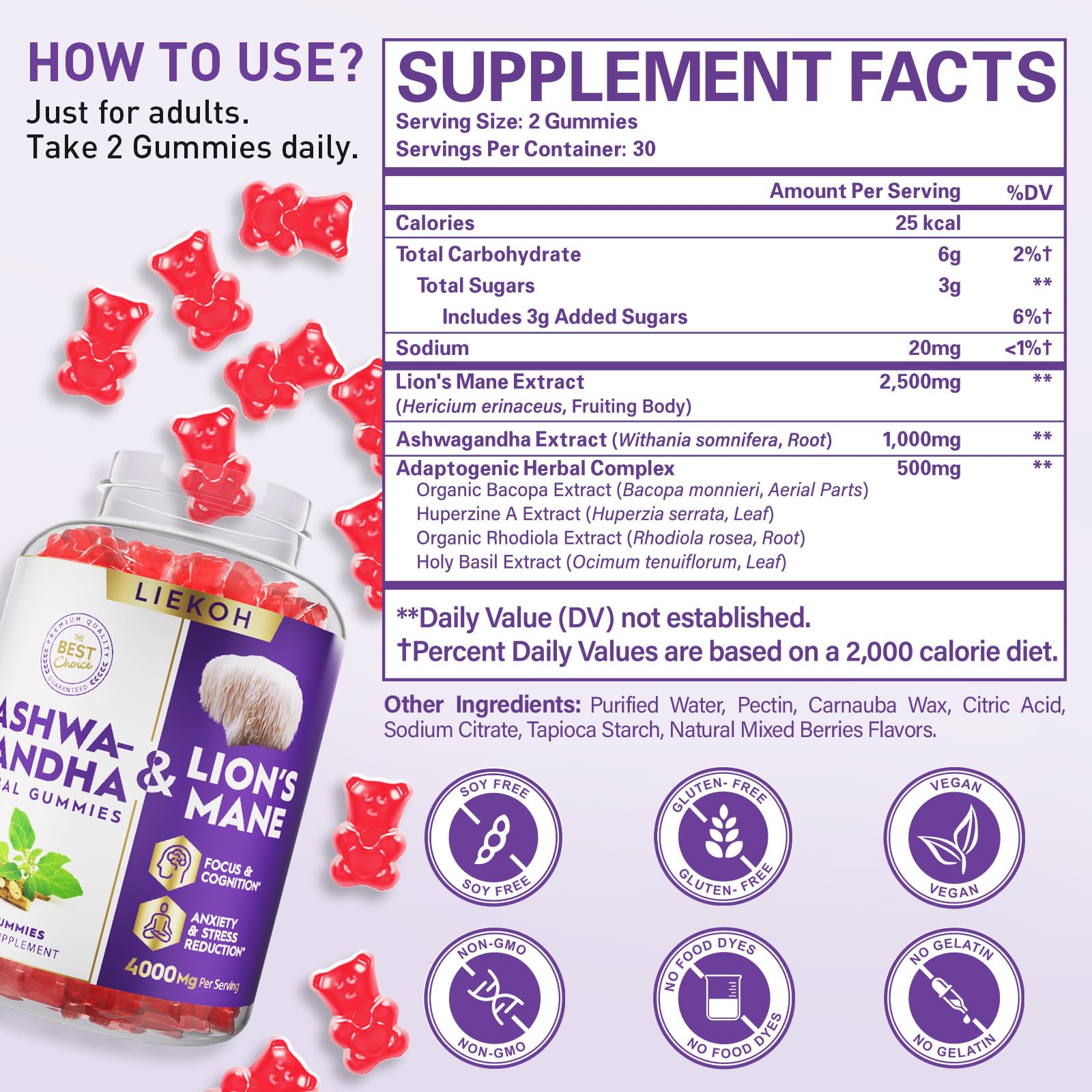 Liekoh Ashwagandha Gummies berry flavor pack showcases convenient vegan cognitive support.