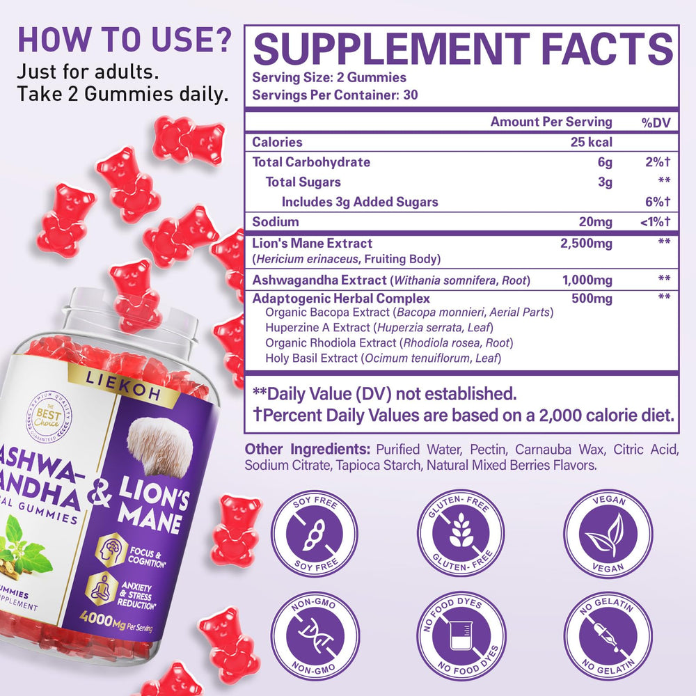 Liekoh Ashwagandha Gummies berry flavor pack showcases convenient vegan cognitive support.