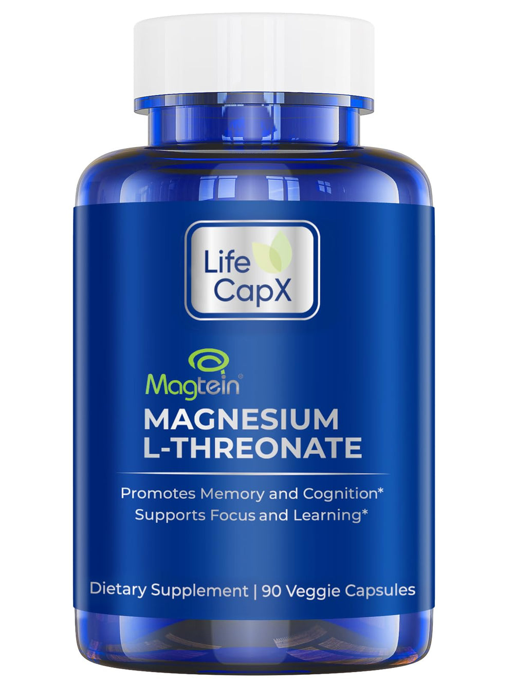 LIFE CAPX Magtein capsules bottle front shows easy dosing for daily use