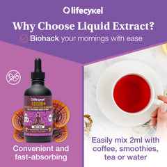 Life Cykel Double extraction reishi drops offer enhanced bioavailability for potency.