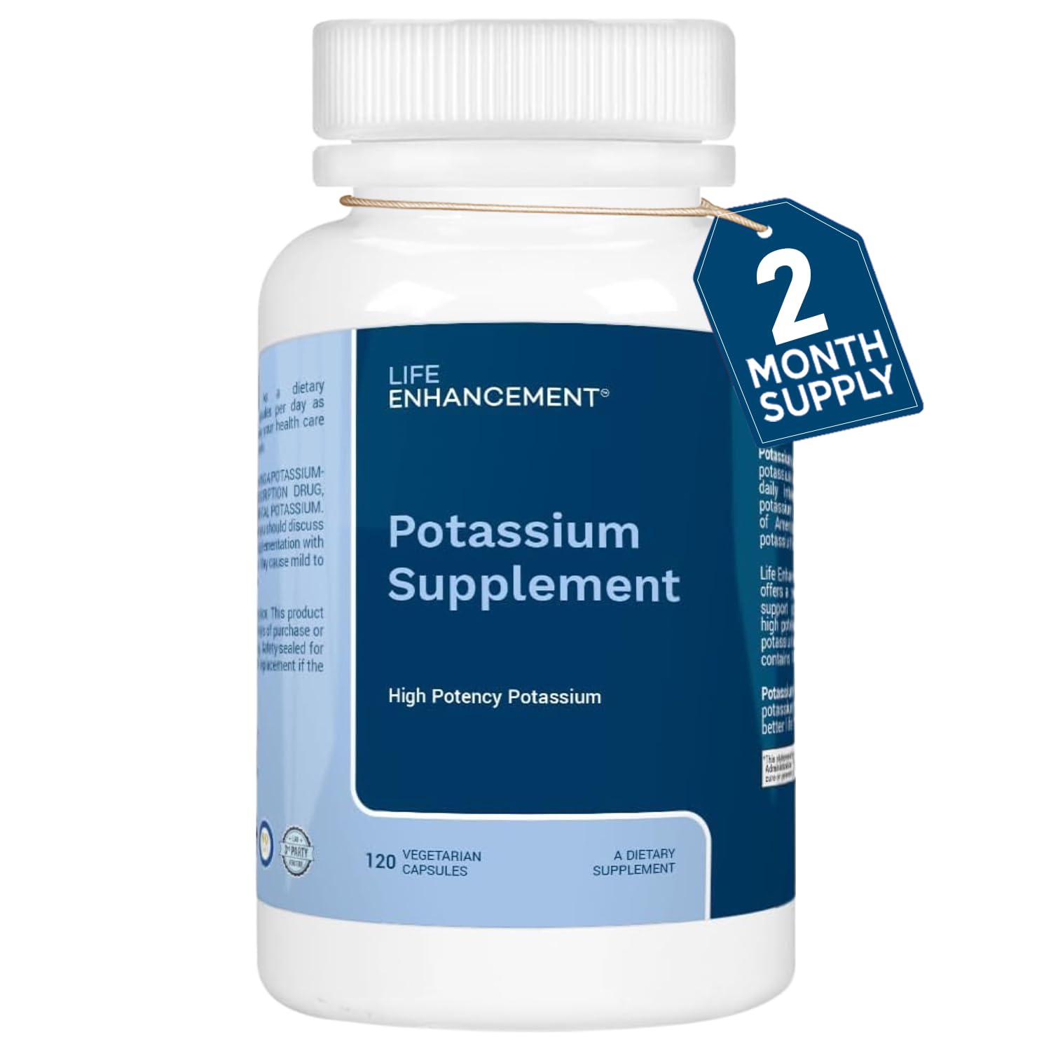 Life Enhancement potassium bottle closeup highlighting high absorption formula