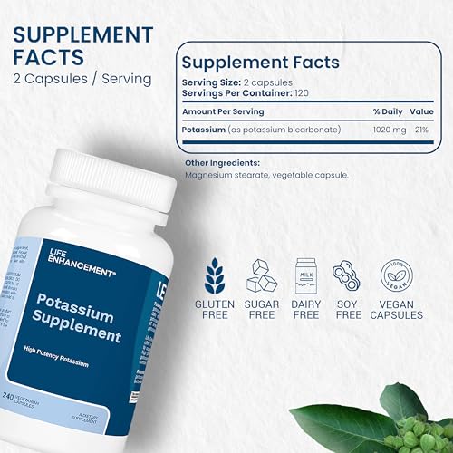 Life Enhancement potassium capsules close-up showing easy-to-swallow veggie capsules.
