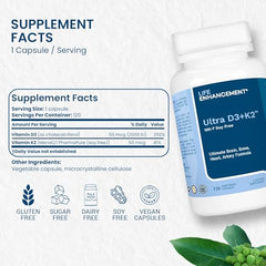 Life Enhancement Vitamin D3 K2 capsule closeup highlights high potency formula.