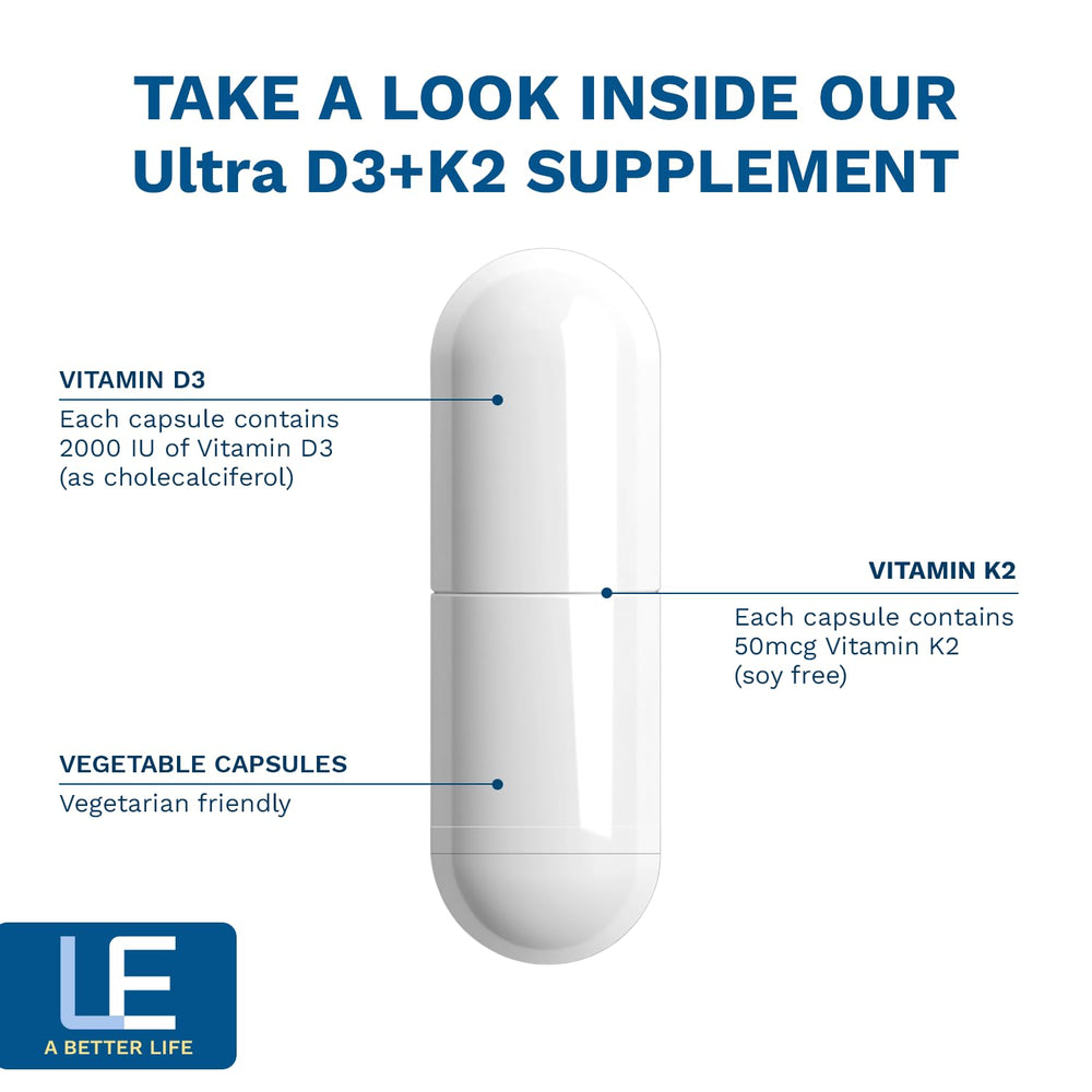 Life Enhancement Vitamin D3 K2 vegetarian capsules offer convenient daily wellness.
