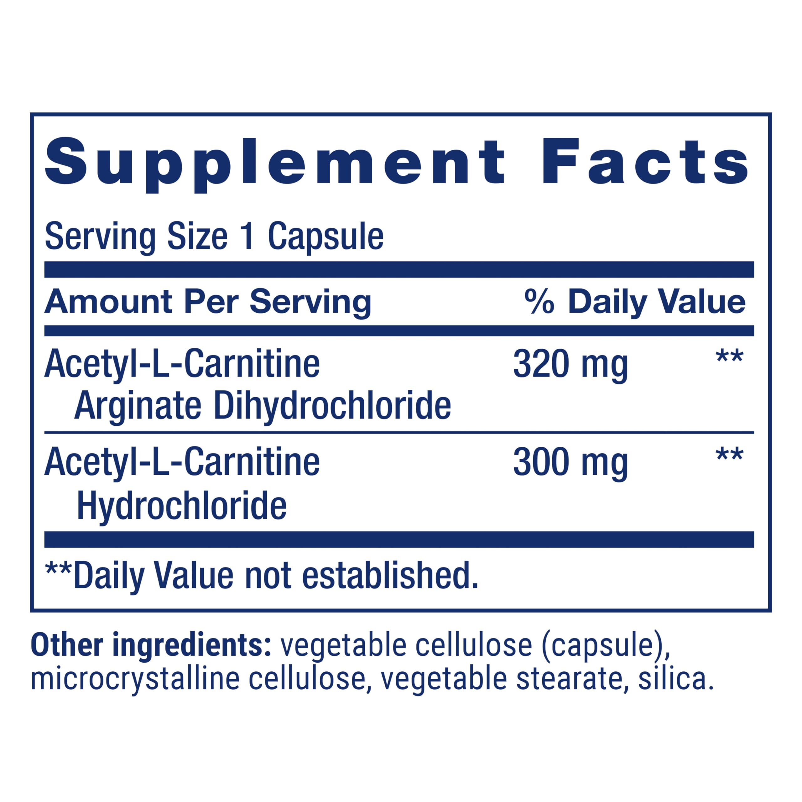 Life Extension Acetyl-L-Carnitine Arginate label clearly lists ingredients