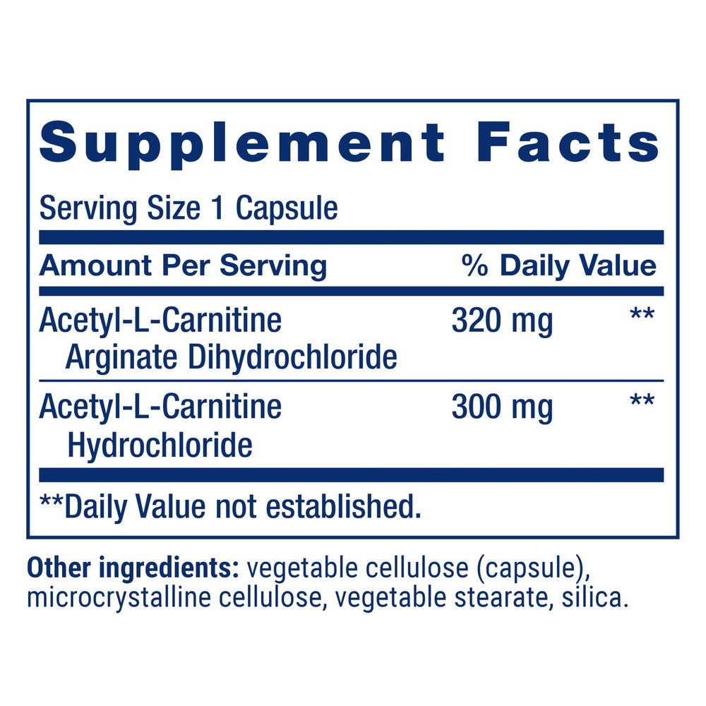 Life Extension Acetyl-L-Carnitine Arginate label clearly lists ingredients