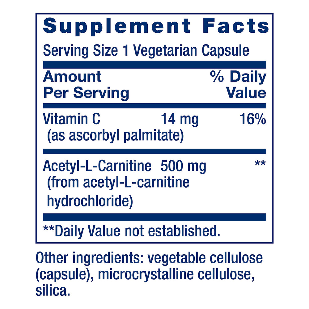Life Extension Acetyl-L-Carnitine capsules closeup suggests pure, potent energy support.