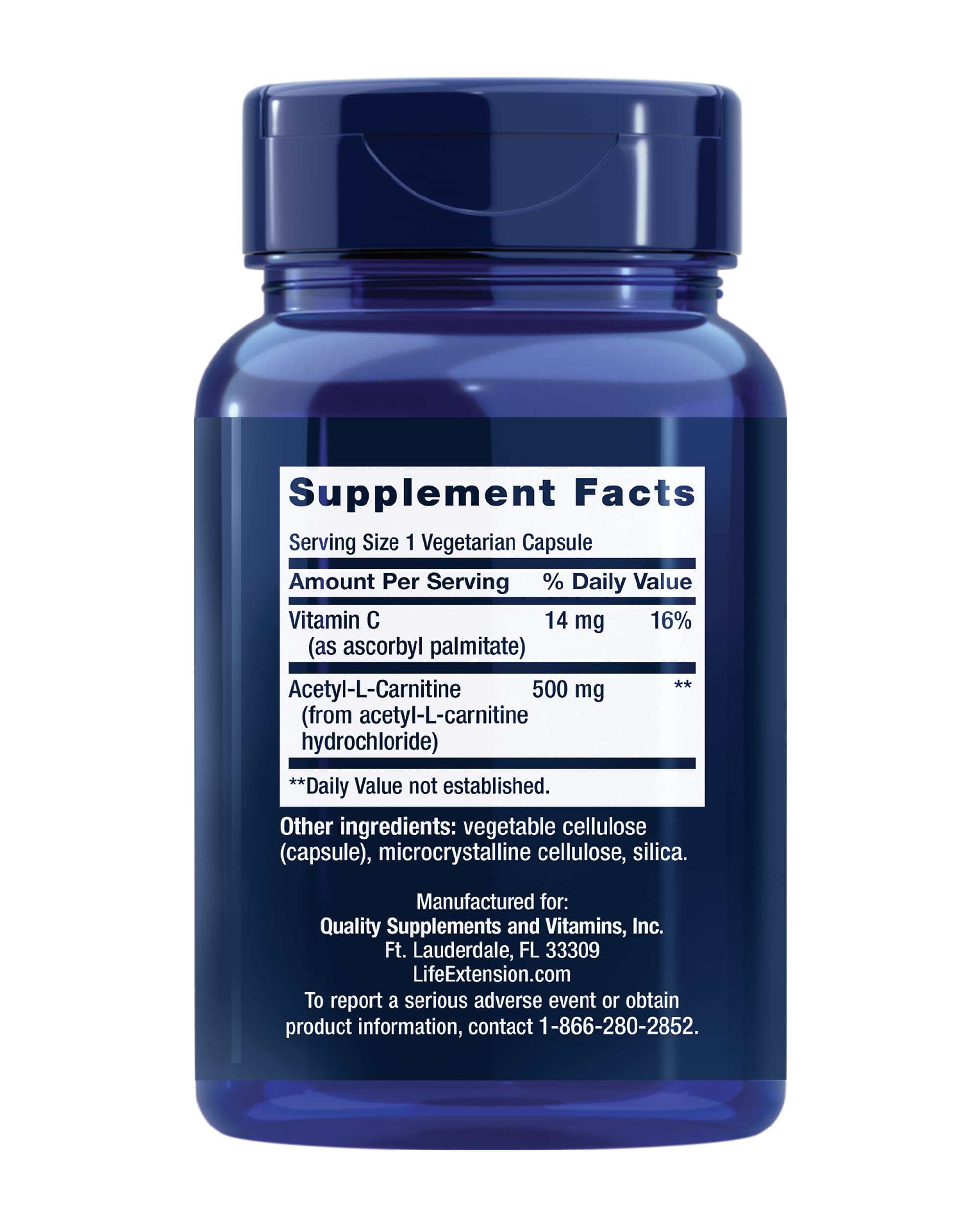 Life Extension Acetyl-L-Carnitine label emphasizes vitamin C inclusion for oxidative balance.