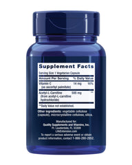 Life Extension Acetyl-L-Carnitine label emphasizes vitamin C inclusion for oxidative balance.