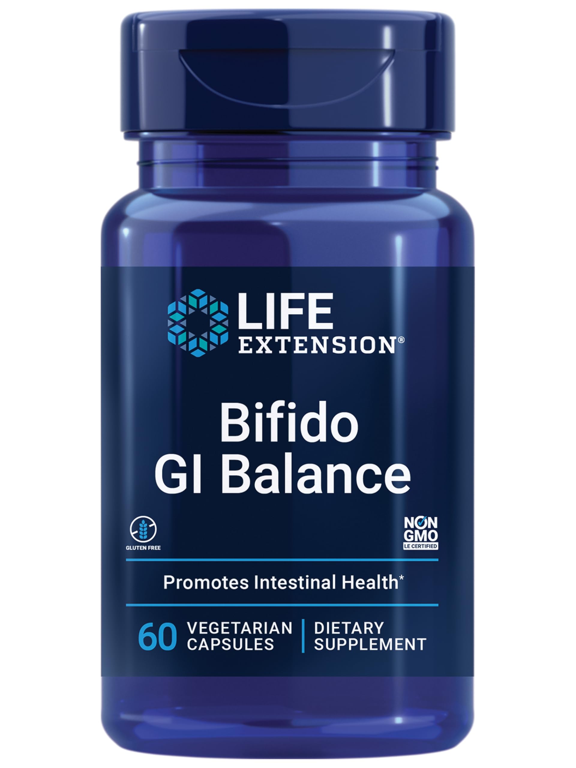 Life Extension Bifido GI Balance bottle closeup, 60 capsules, gluten-free and non-GMO.