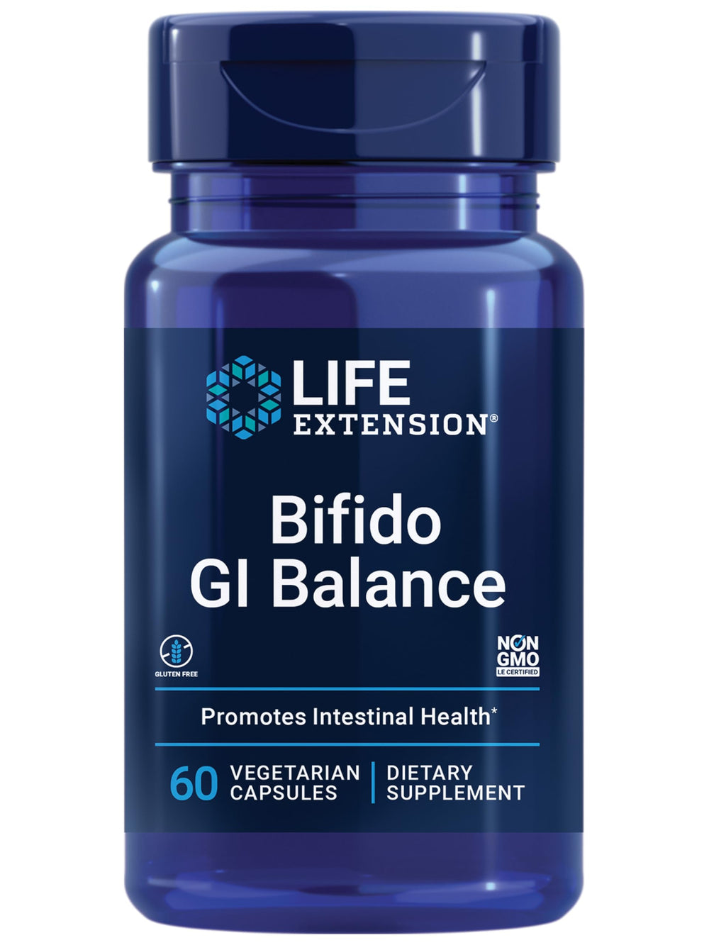 Life Extension Bifido GI Balance bottle closeup, 60 capsules, gluten-free and non-GMO.
