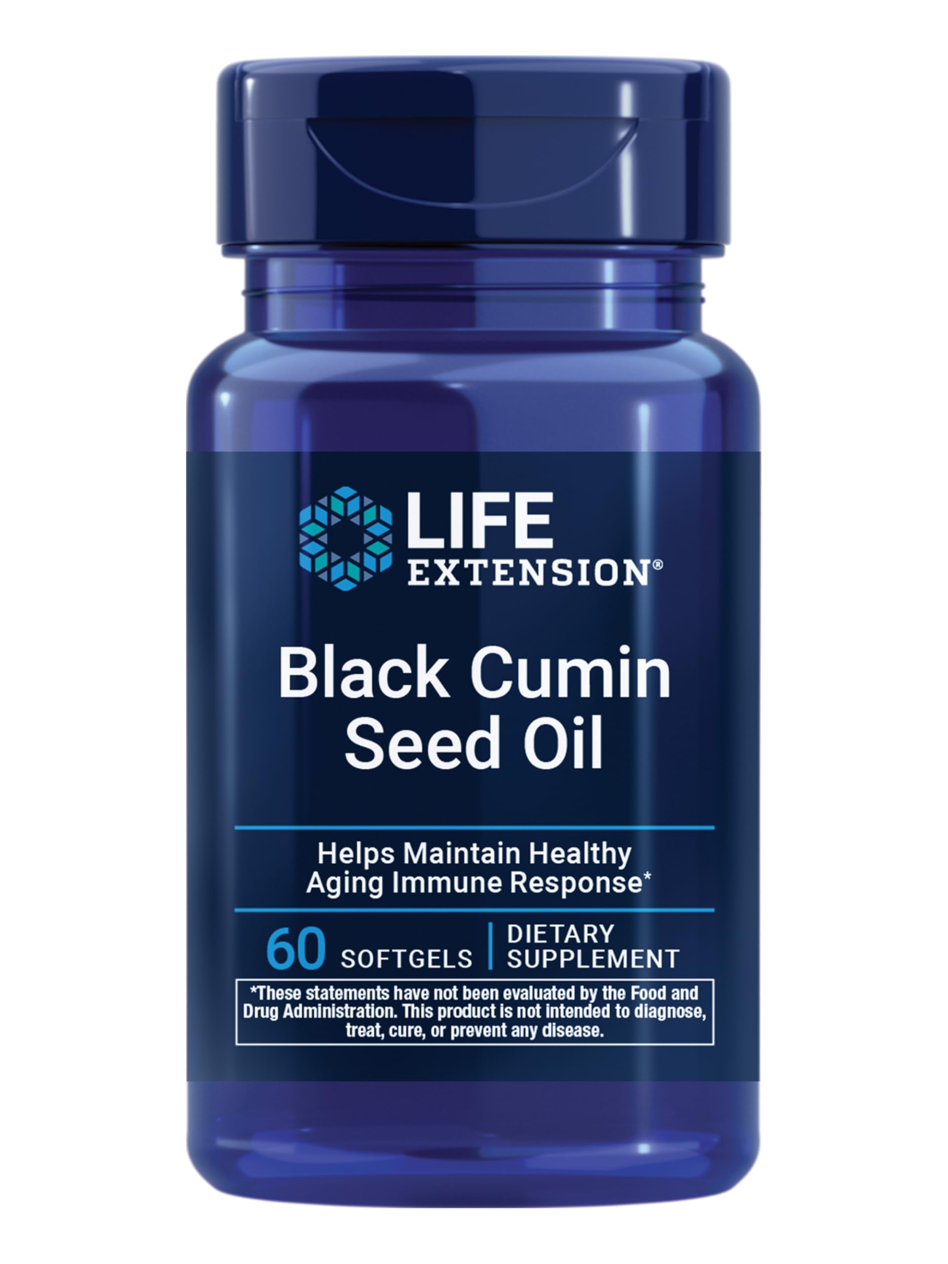 Life Extension Black Cumin Seed Oil bottle front view suggests immune support potential.