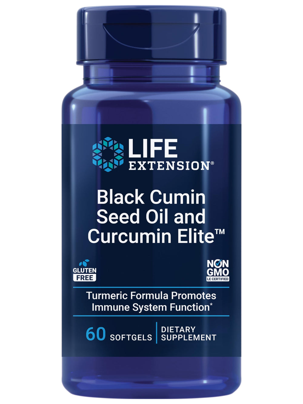 Life Extension Black Cumin Seed Oil and Curcumin Elite bottle front, immune support potential