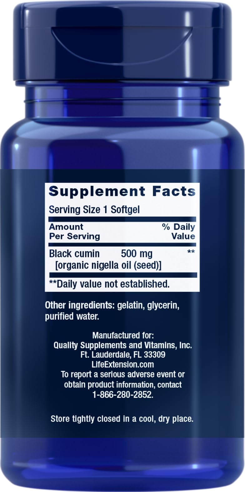 Life Extension Black Cumin Seed Oil softgels, convenient daily dose for wellness.
