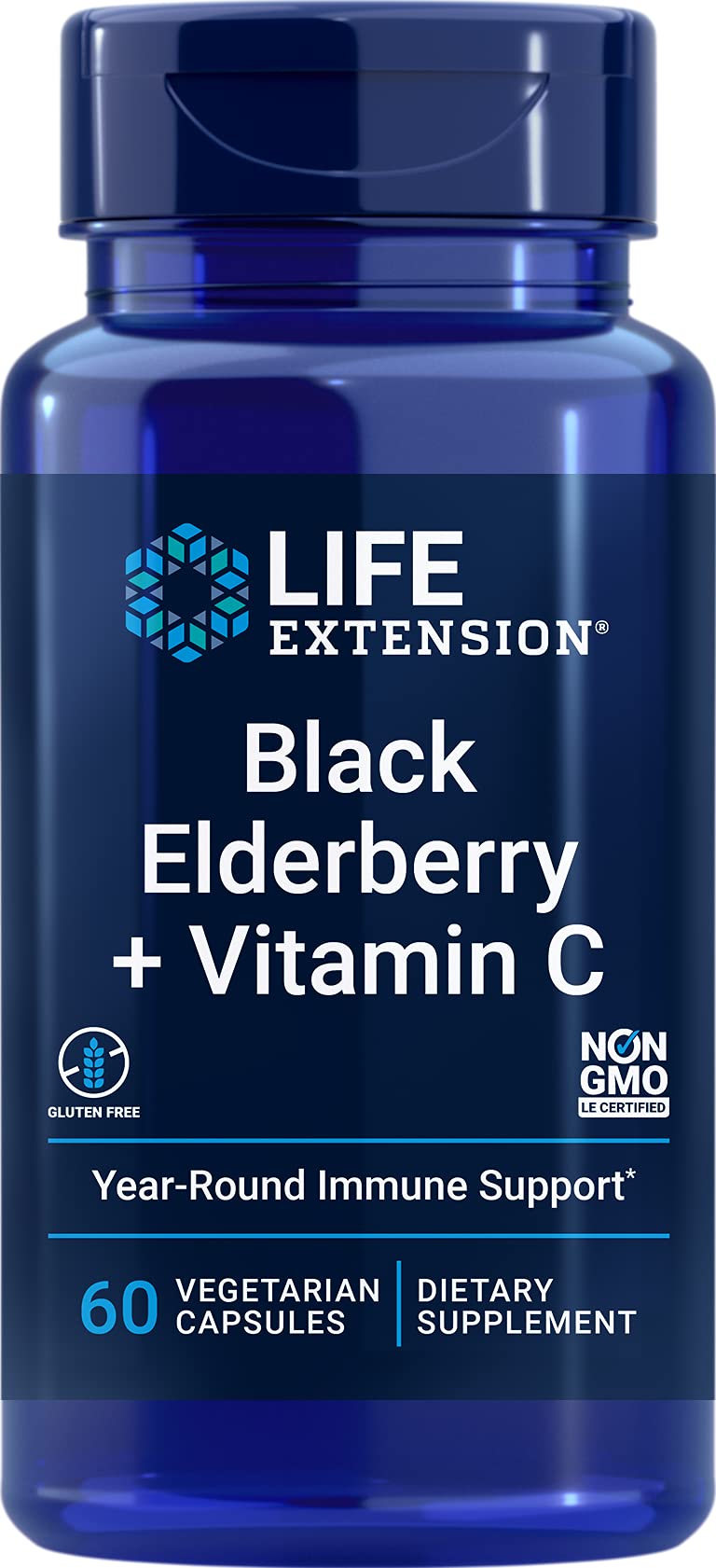 Life Extension Black Elderberry + Vitamin C bottle for daily immune support.