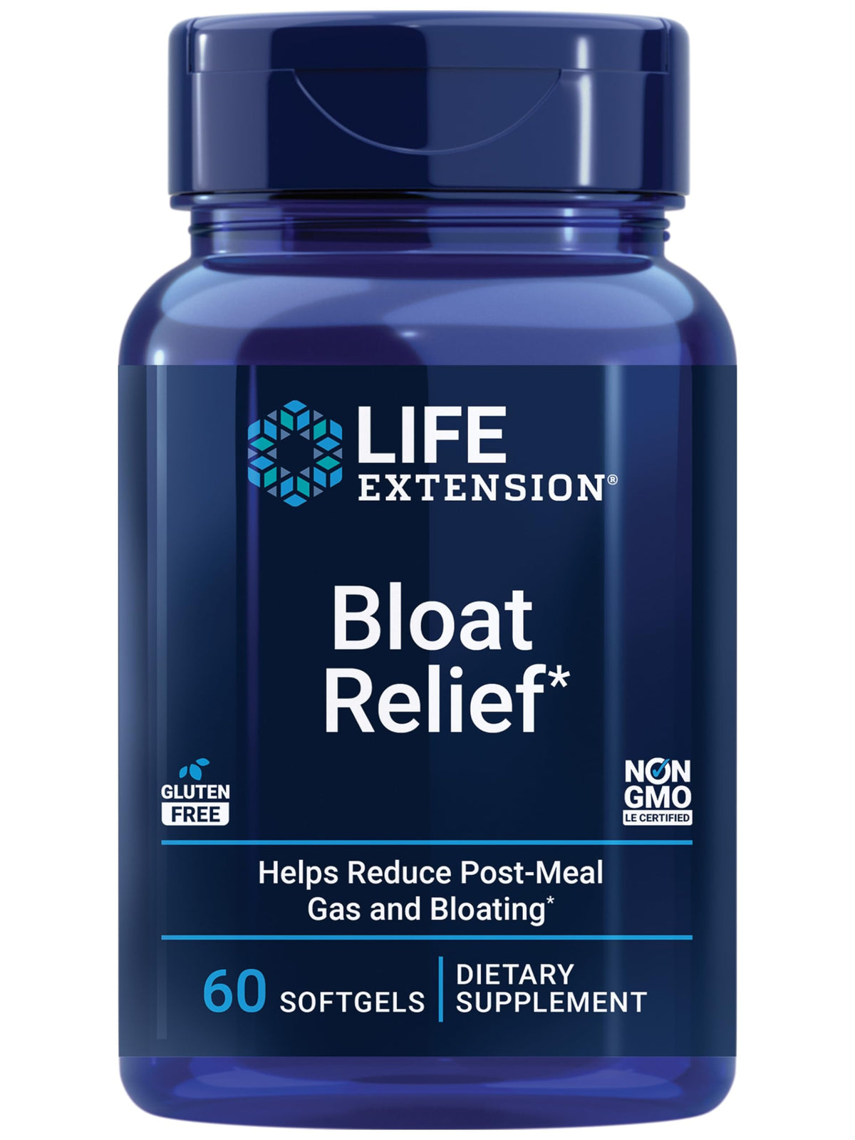 Life Extension Bloat Relief bottle of softgels for post-meal comfort