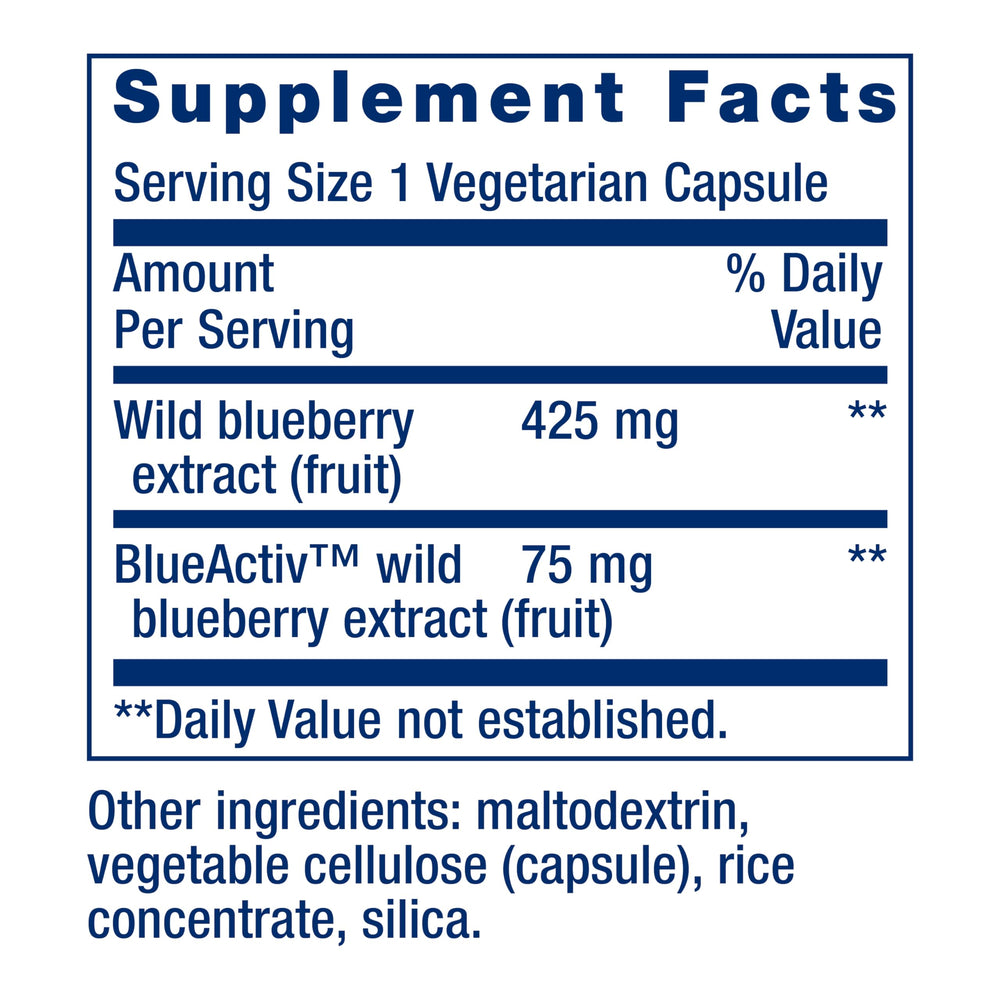 Life Extension Blueberry Extract bottle back reveals USA manufacturing and non-GMO ingredients