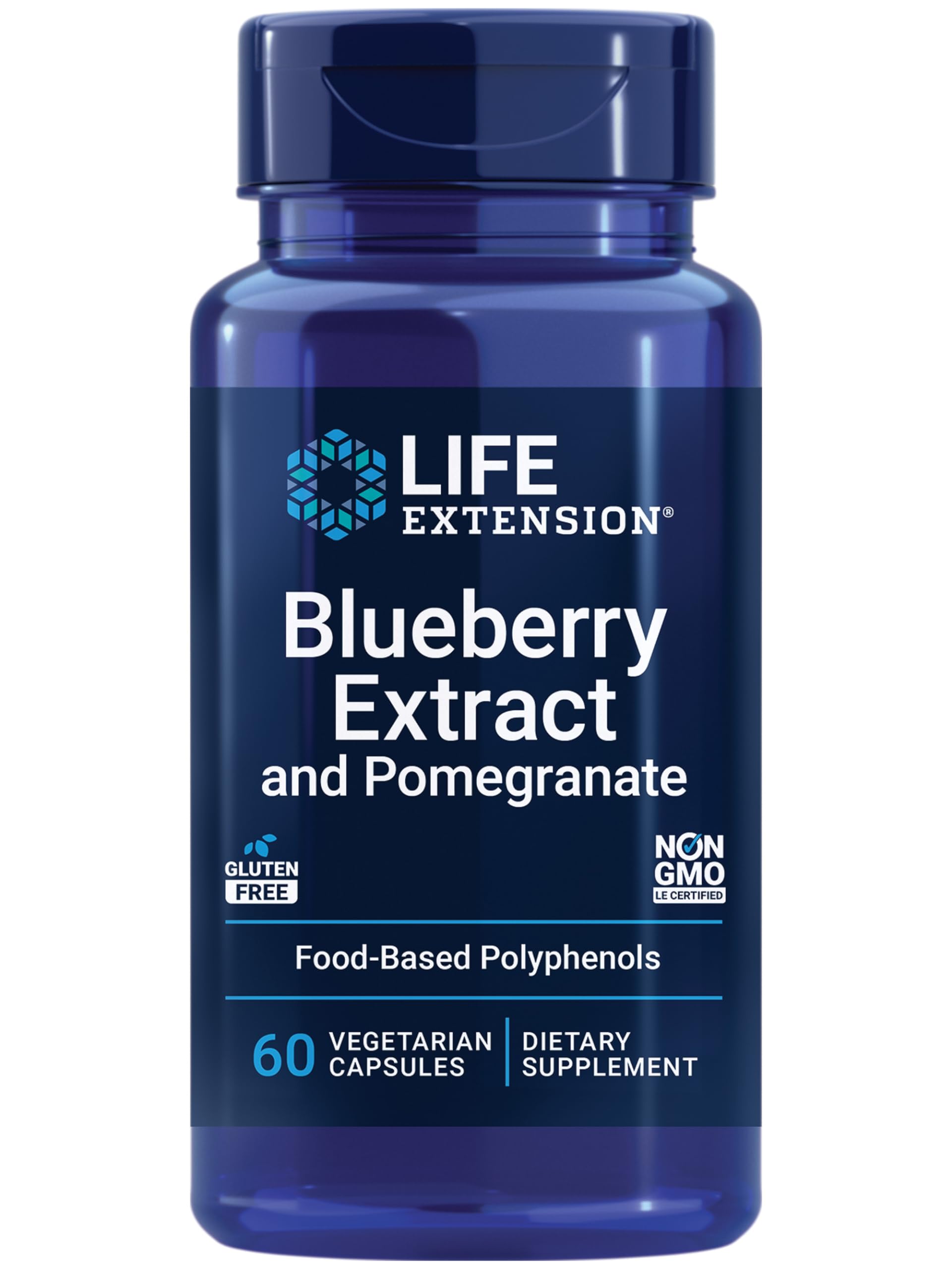 Life Extension Blueberry Extract and Pomegranate bottle promoting arterial health support with antioxidants.