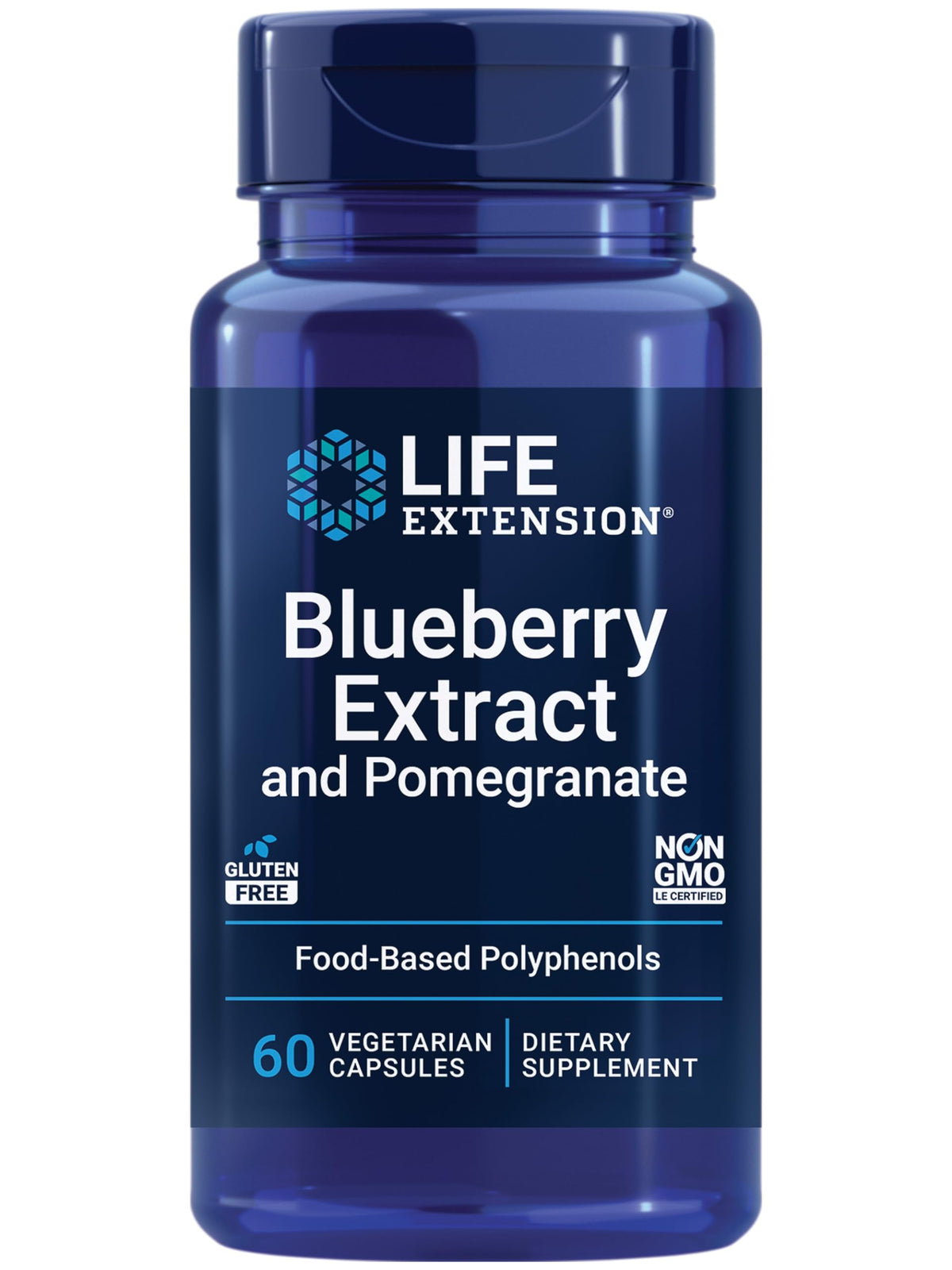Life Extension Blueberry Extract and Pomegranate bottle promoting arterial health support with antioxidants.