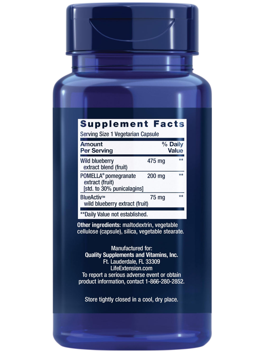 Life Extension blueberry–pomegranate capsules illustrate antioxidant defense for daily wellness.